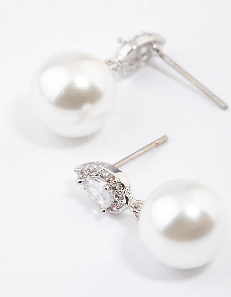 Silver Diamante Pear & Pearl Drop Earrings