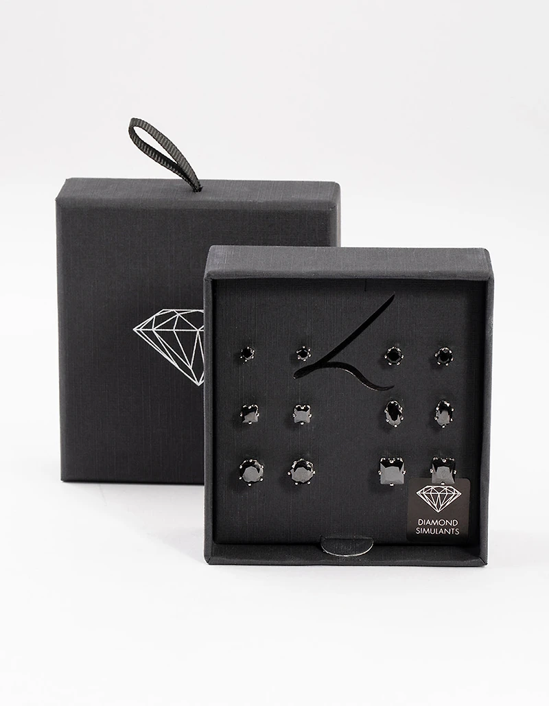 Silver Black Multi Stud Earrings Set 6-Pack