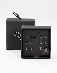 Silver Black Multi Stud Earrings Set 6-Pack