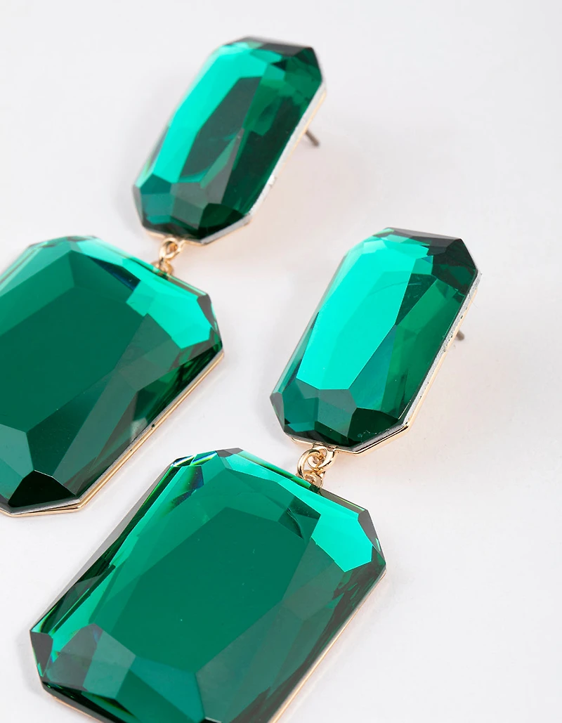 Gold Statement Square Double Stone Drop Earrings