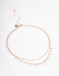 Rose Gold Double Row Dainty Rectangle Diamante Necklace