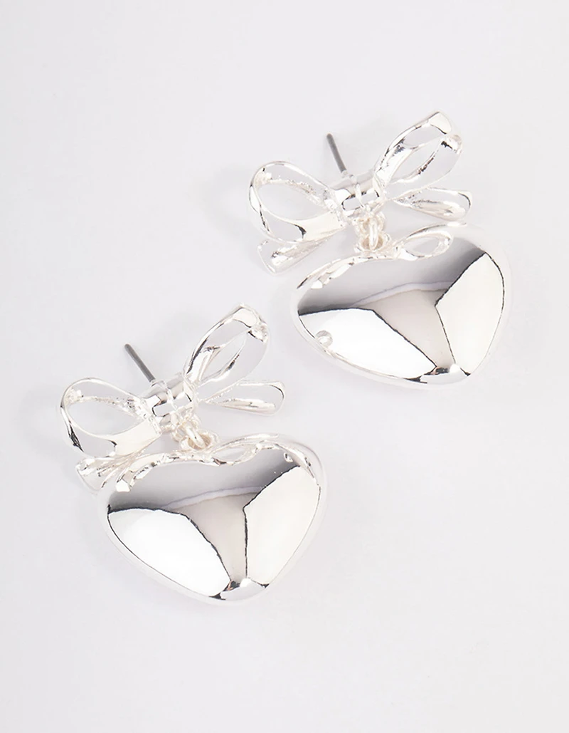 Silver Bow Heart Drop Earrings