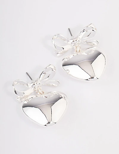 Silver Bow Heart Drop Earrings