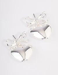 Silver Bow Heart Drop Earrings