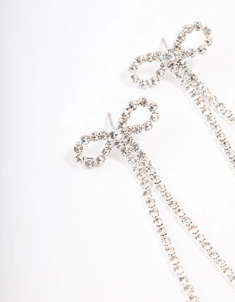 Silver Diamante Cupchain Bow Drop Earrings