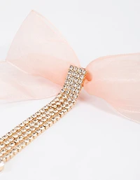 Gold Fabric Bow Diamante Drop Earrings