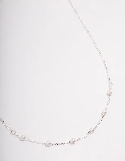 Silver Dainty Pearl Station Necklace