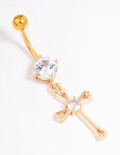 Gold Plated Surgical Steel Cubic Zirconia Cross Drop Belly Ring