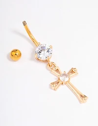 Gold Plated Surgical Steel Cubic Zirconia Cross Drop Belly Ring