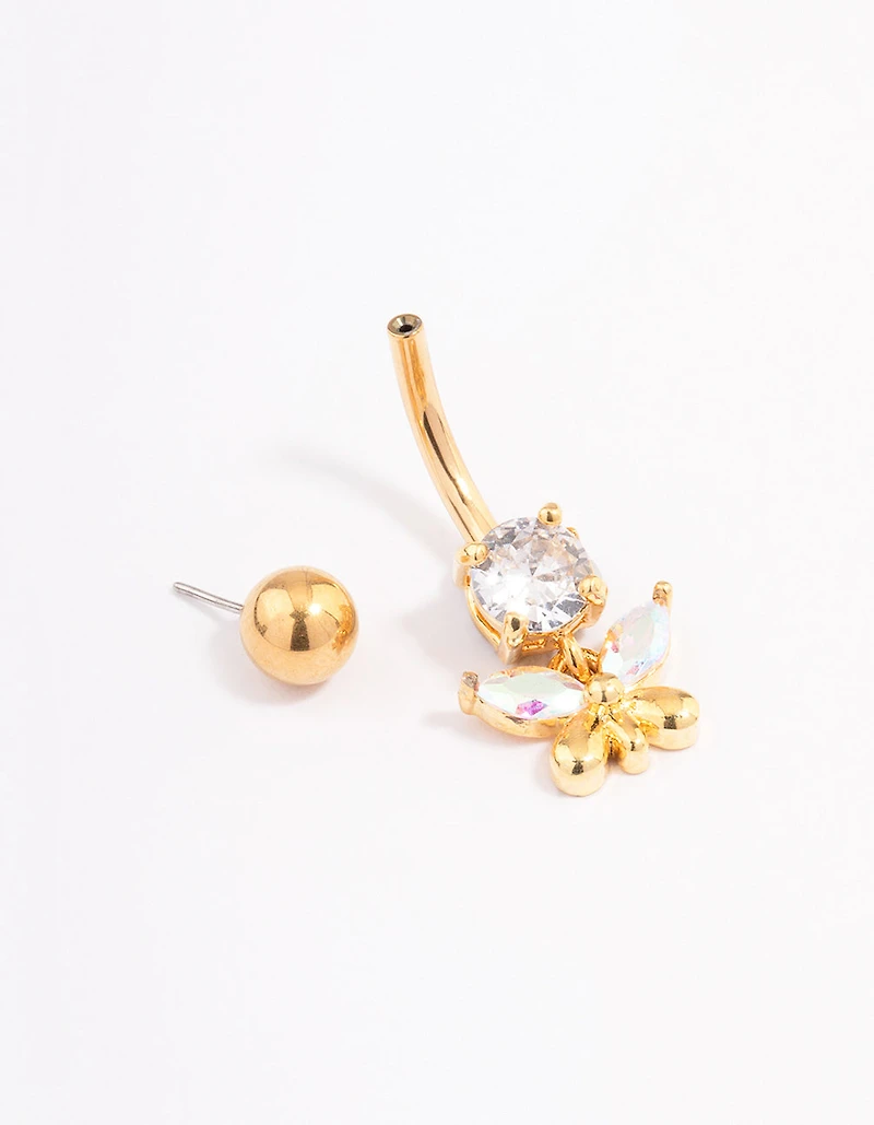 Gold Plated Surgical Steel Cubic Zirconia Butterfly Charm Belly Ring
