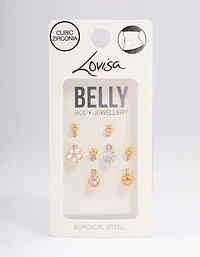 Gold Plated Surgical Steel Bezel & Flower Belly Ring 4-Pack