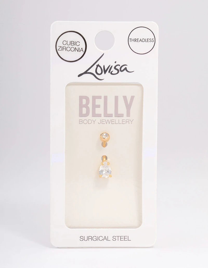 Gold Plated Surgical Steel Cubic Zirconia Bezel & Pear Belly Ring