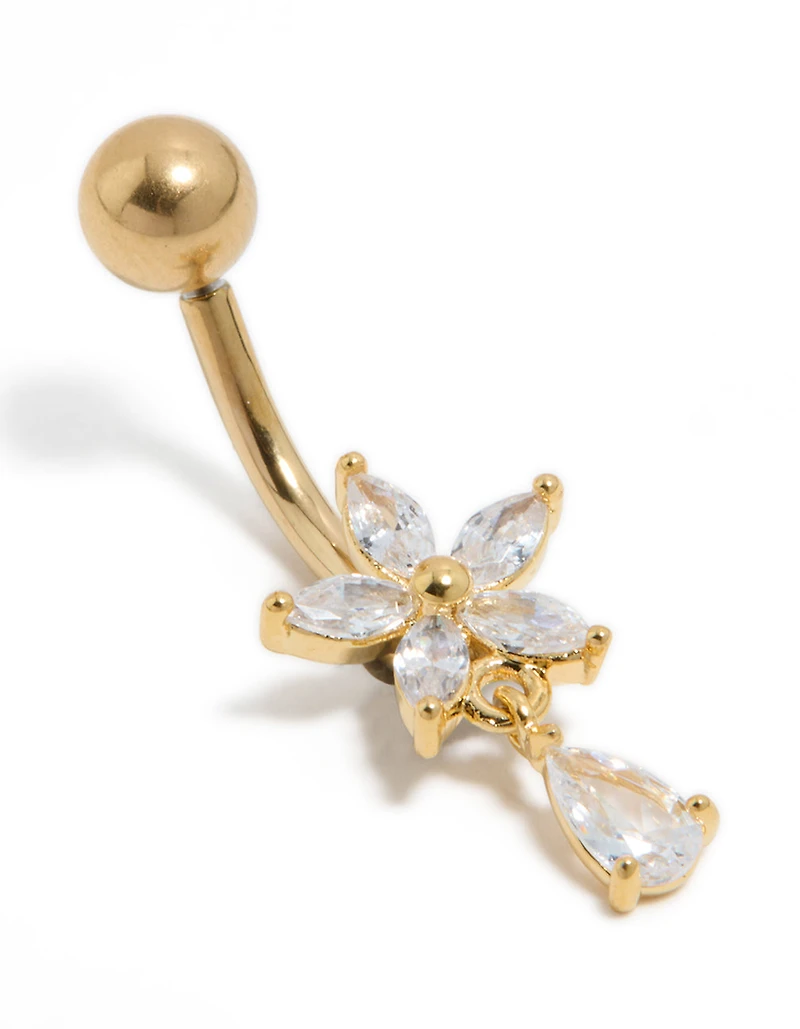 Gold Plated Surgical Steel Cubic Zirconia Flower Pear Threadless  Belly Bar