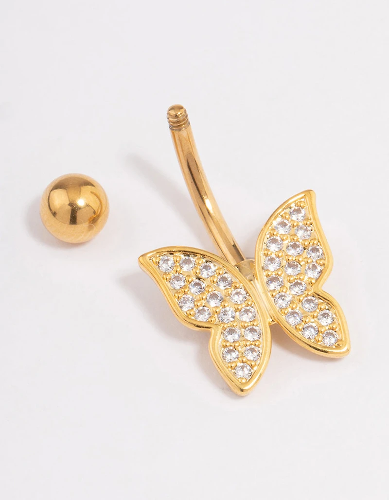 Gold Plated Surgical Steel Cubic Zirconia Statement Butterfly Belly Ring