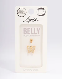 Gold Plated Surgical Steel Cubic Zirconia Statement Butterfly Belly Ring