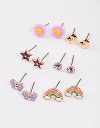 Kids Purple Star Rainbow Stud Earrings 6-Pack