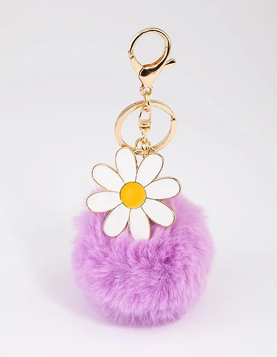 Kids Fabric Daisy Pom Pom Key Ring