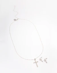 Silver Diamante Cross Jewellery Set