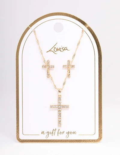 Gold Diamante Cross Jewellery Set