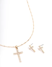Gold Diamante Cross Jewellery Set