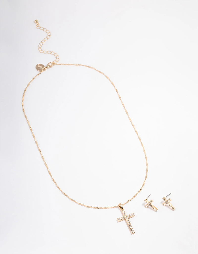 Gold Diamante Cross Jewellery Set