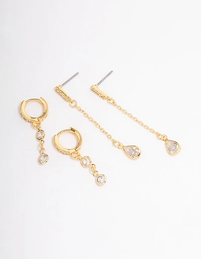 Gold Plated Round & Pearl Cubic Zirconia Earrings Pack