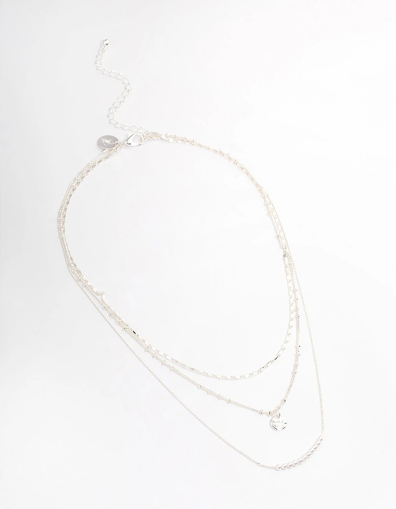 Silver Plated Fine Triple Layered Beaded Disc Necklace