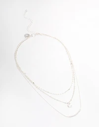 Silver Plated Fine Triple Layered Beaded Disc Necklace