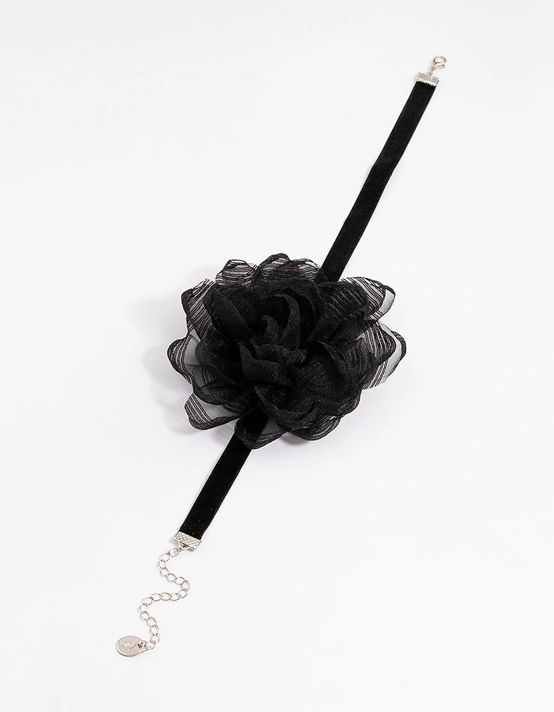 Collier ras-du-cou en tissu noir pour petites roses