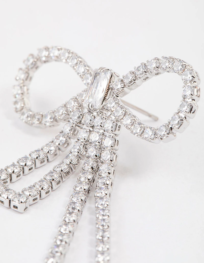 Silver Cubic Zirconia Statement Bow Drop Earrings