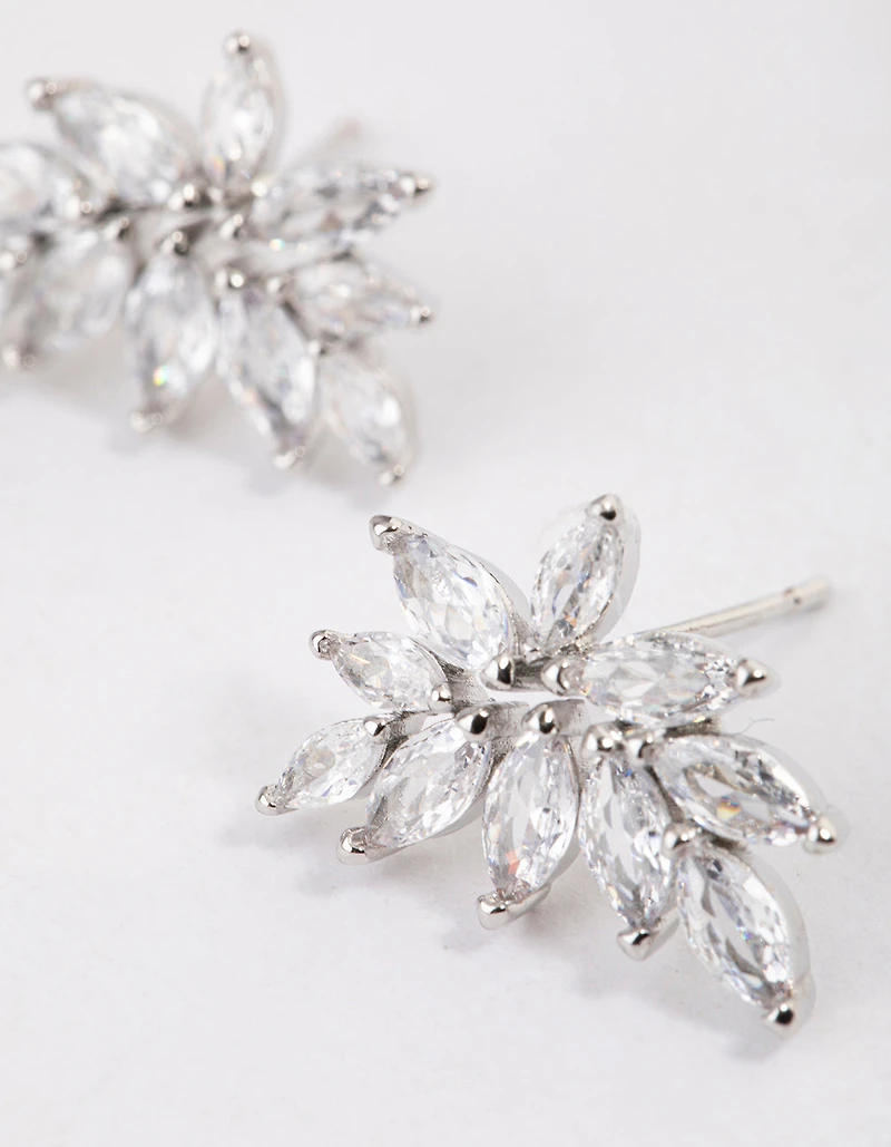 Silver Cubic Zirconia Navette Mini Stud Earrings