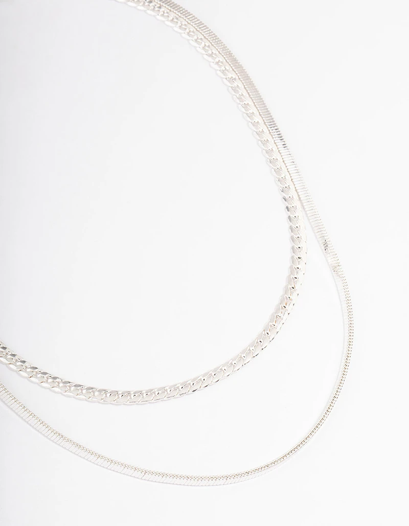 Silver Plated Herringbone & Snake Chain Layered Necklace