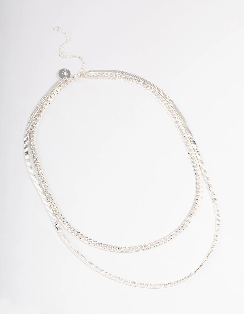 Silver Plated Herringbone & Snake Chain Layered Necklace