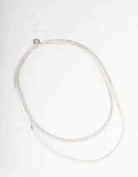 Silver Plated Herringbone & Snake Chain Layered Necklace