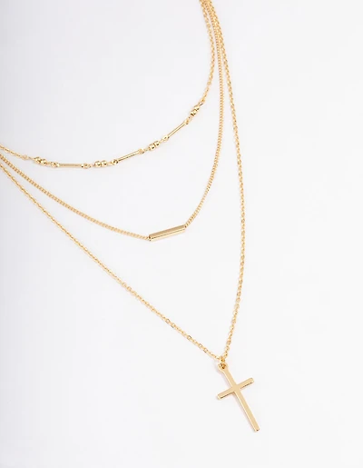 Gold Plated Layer Bar & Cross Layered Necklace