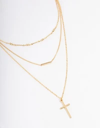 Gold Plated Layer Bar & Cross Layered Necklace