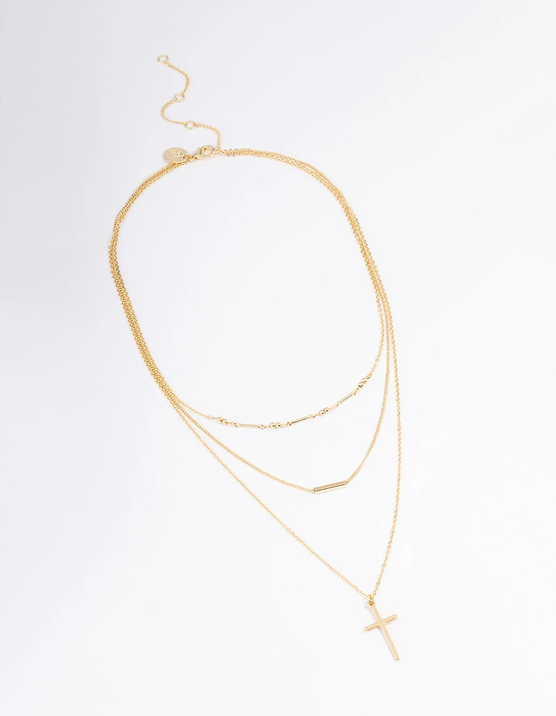 Gold Plated Layer Bar & Cross Layered Necklace