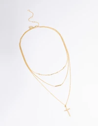 Gold Plated Layer Bar & Cross Layered Necklace