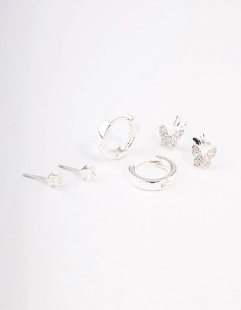 Silver Plated Brass  Cubic Zirconia Double Butterfly Earring Pack