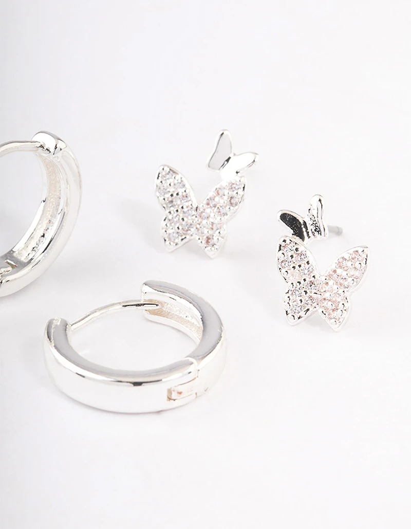 Silver Plated Brass  Cubic Zirconia Double Butterfly Earring Pack