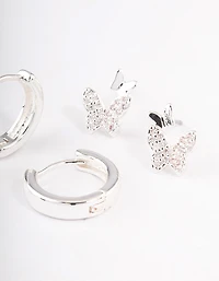 Silver Plated Brass  Cubic Zirconia Double Butterfly Earring Pack