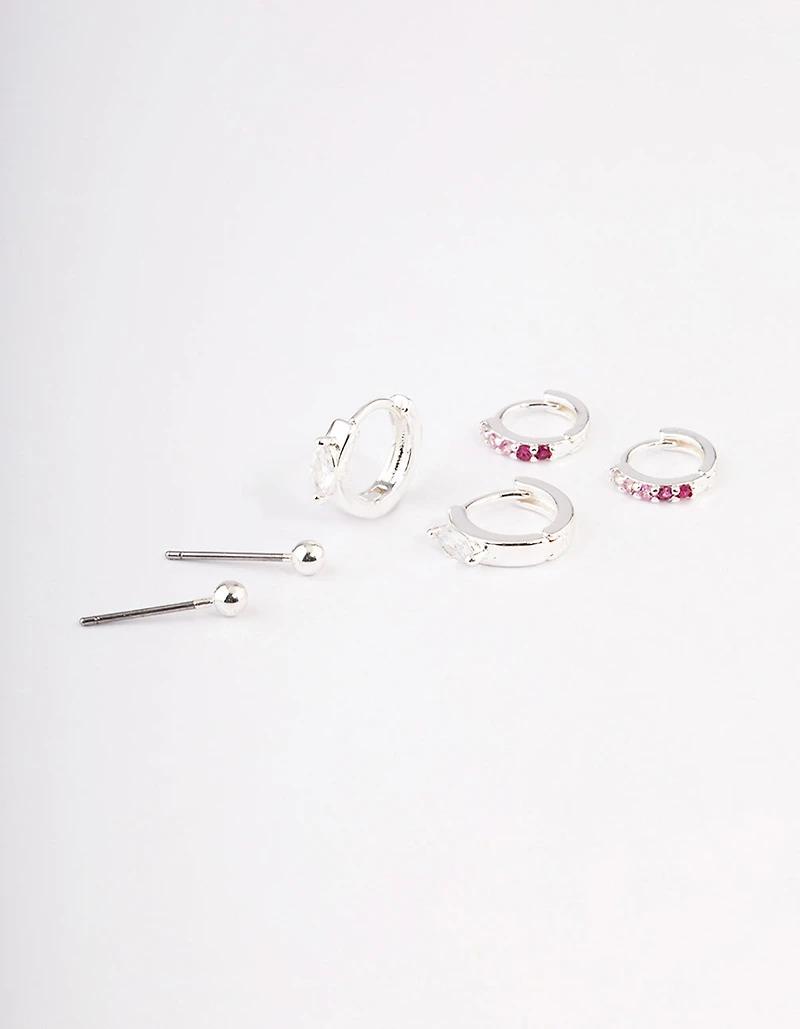 Silver Plated Cubic Zirconia Statement Huggie Earrings Pack