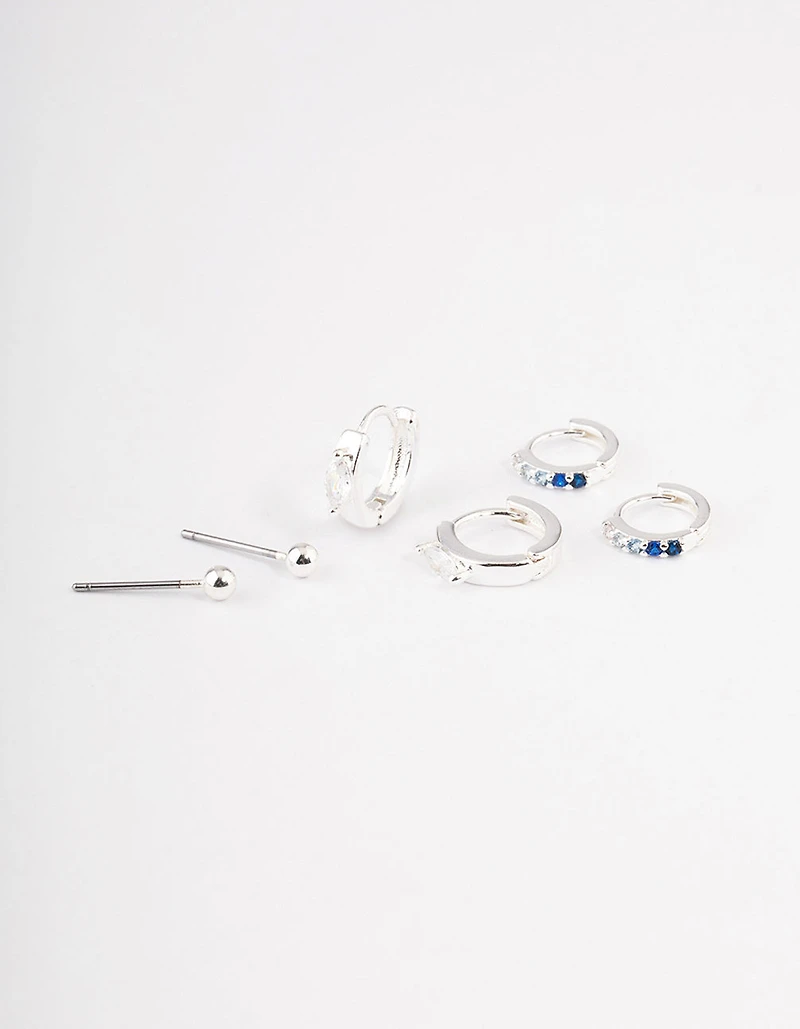 Silver Plated Brass Cubic Zirconia Statement Huggie Earrings Pack