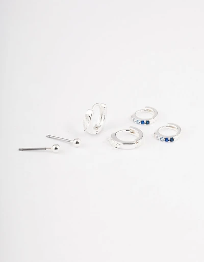 Silver Plated Brass  Cubic Zirconia Statement Huggie Earrings Pack
