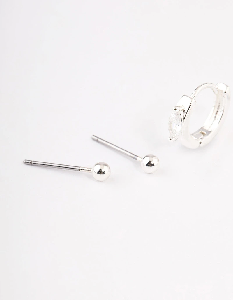 Silver Plated Brass  Cubic Zirconia Statement Huggie Earrings Pack