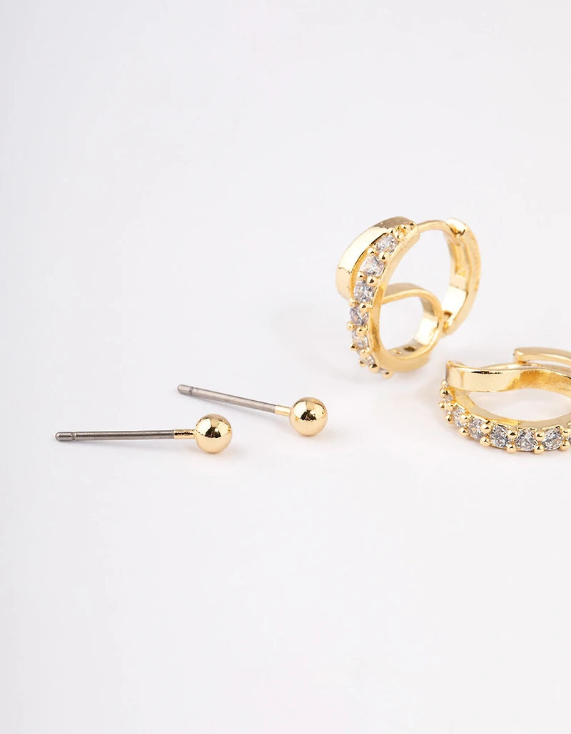 Gold Plated Brass Cubic Zirconia Double Hoop Earrings Pack