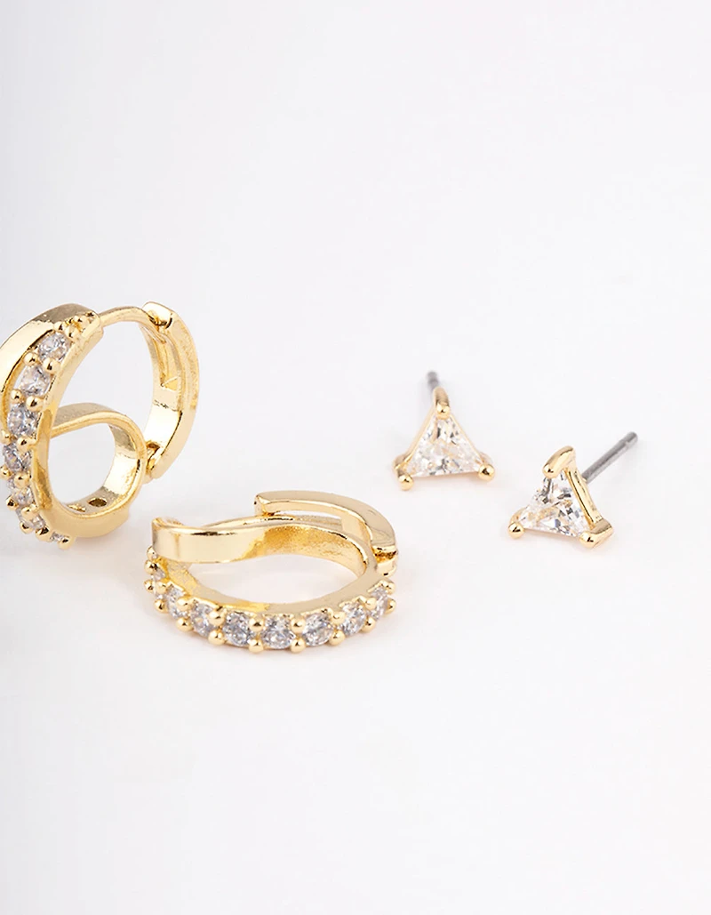Gold Plated Brass Cubic Zirconia Double Hoop Earrings Pack