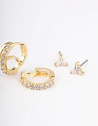 Gold Plated Brass Cubic Zirconia Double Hoop Earrings Pack