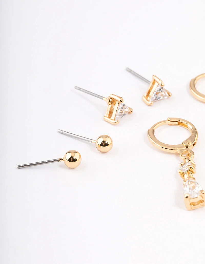 Gold Plated Brass Cubic Zirconia Triangle & Drop Earrings Pack