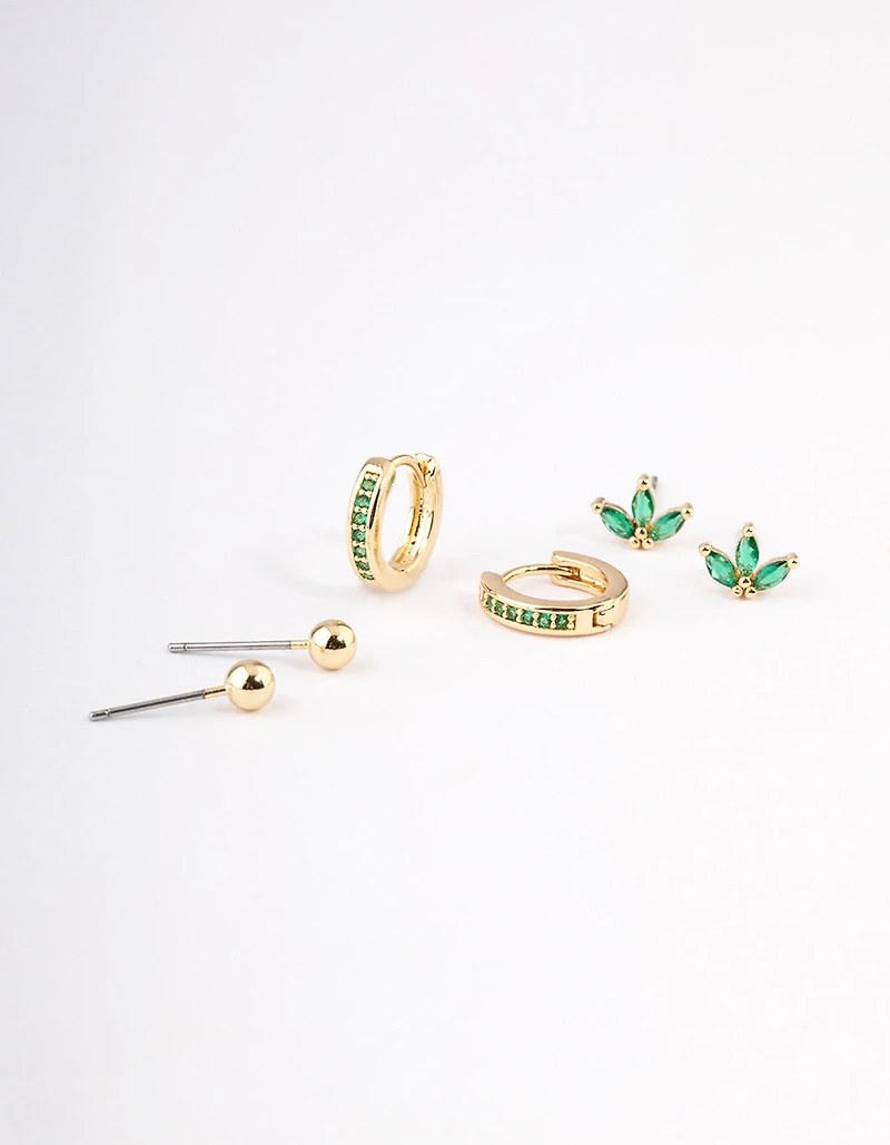 Gold Plated Brass Cubic Zirconia Marquise Stud & Hoop Earrings Pack